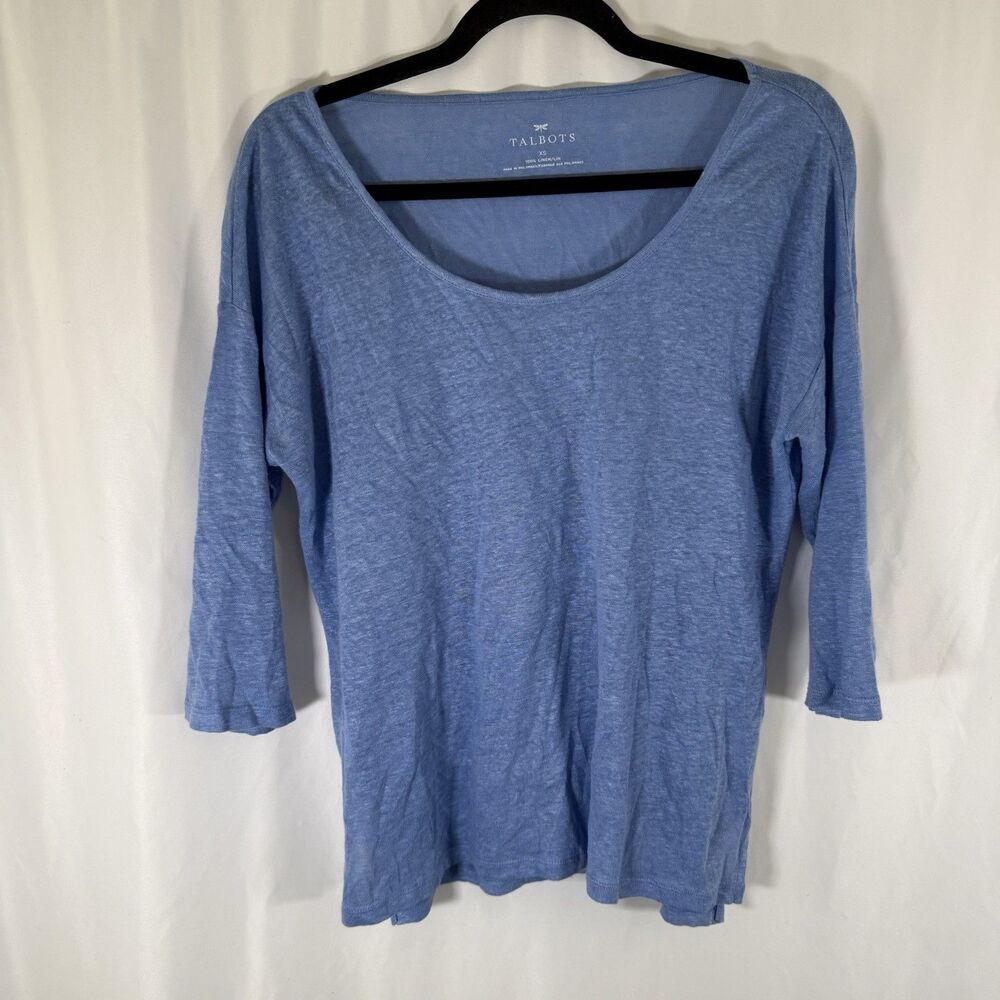 Talbots 100% Linen Blouse Women's XS Blue 1/2 Sleeve Lightweight Round Neck